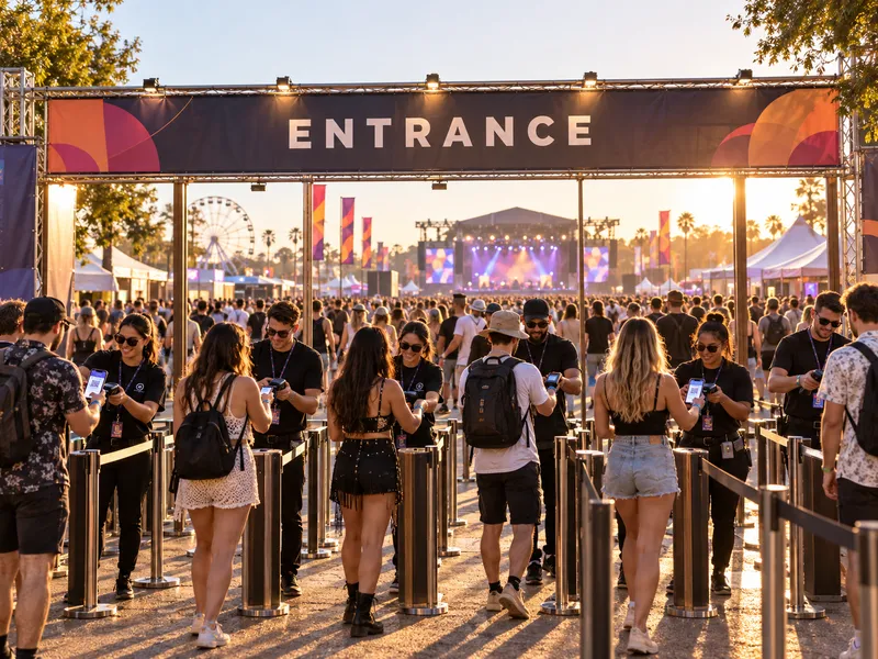 Event attendees entering through multiple access lanes, with staff validating digital tickets and RFID wristbands.