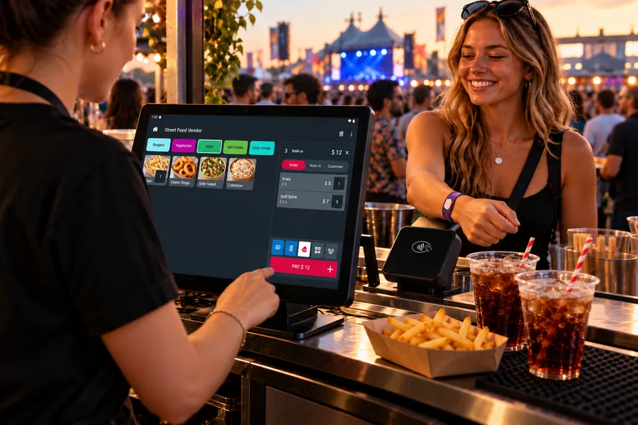 Glownet POS system processing a contactless wristband payment at a festival food and drink stand.