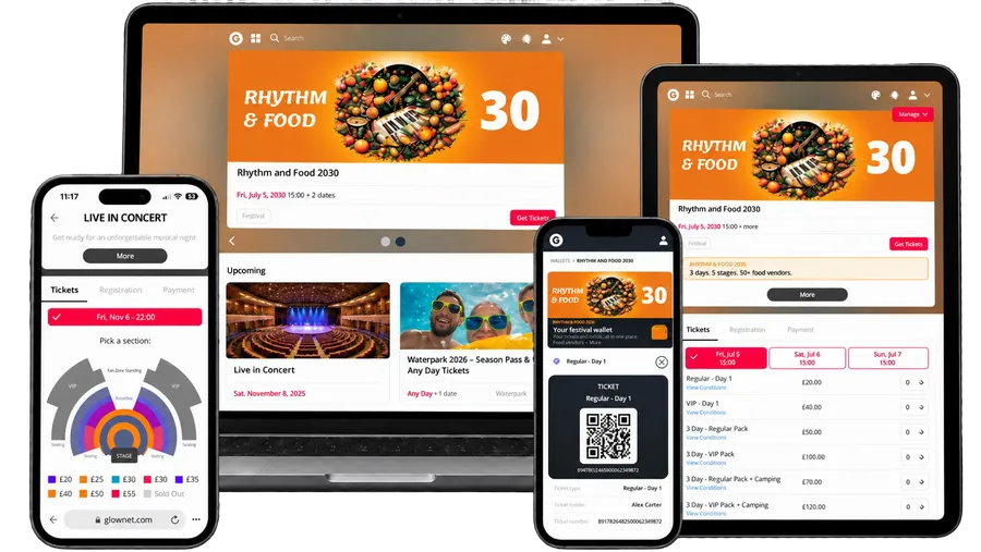 Glownet ticketing platform displayed across laptop, tablet and mobile devices, showcasing online ticket sales, interactive seat selection and digital event tickets.