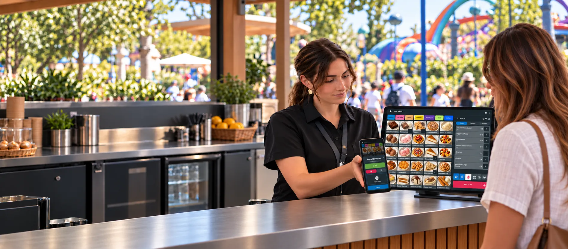 A food kiosk attendant at a theme park showing a customer a Glownet wallet payment on a handheld, next to a Glownet point-of-sale screen.