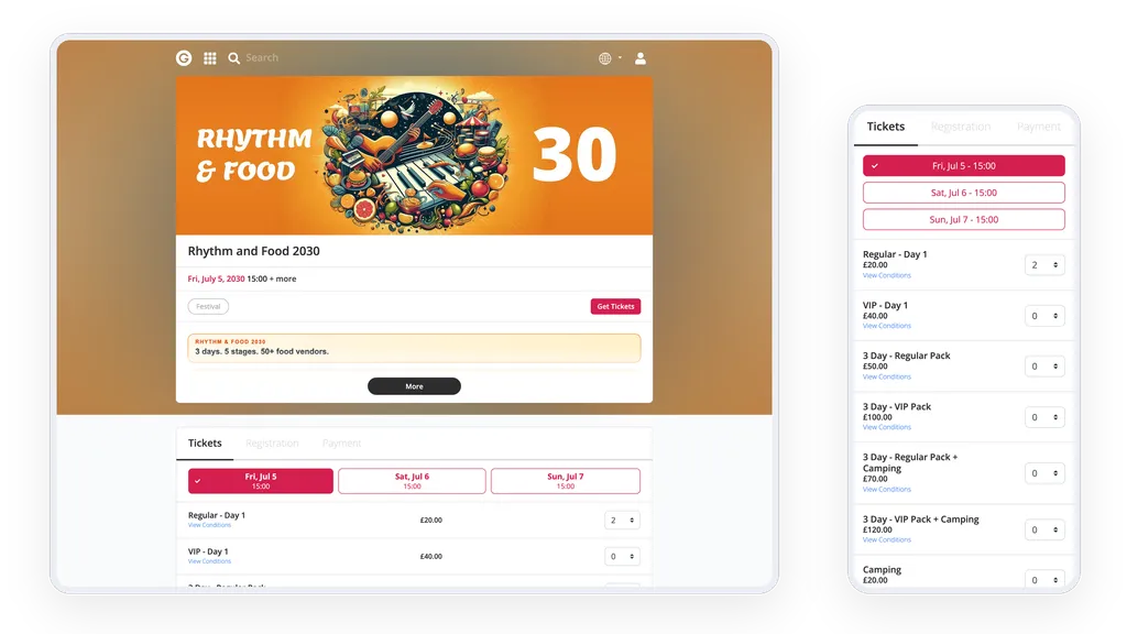 Glownet Agora ticket storefront for Rhythm and Food 2030 on desktop and mobile, with two Regular Day 1 tickets selected for Friday 5 July.